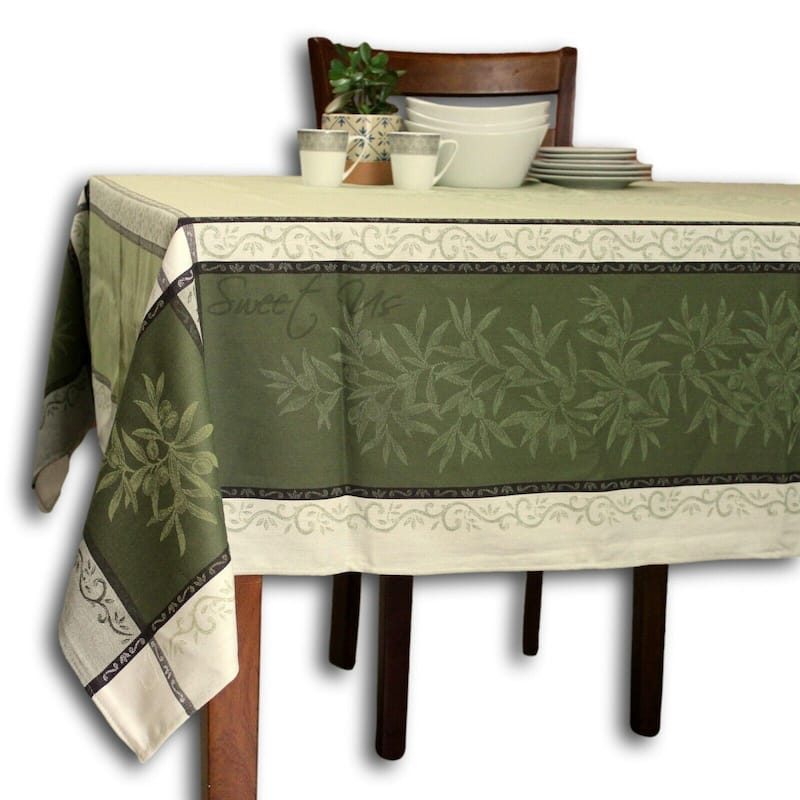 Wipeable Spill Resistant French Cotton Olive Jacquard Tablecloth - 63 x 63 in - Green