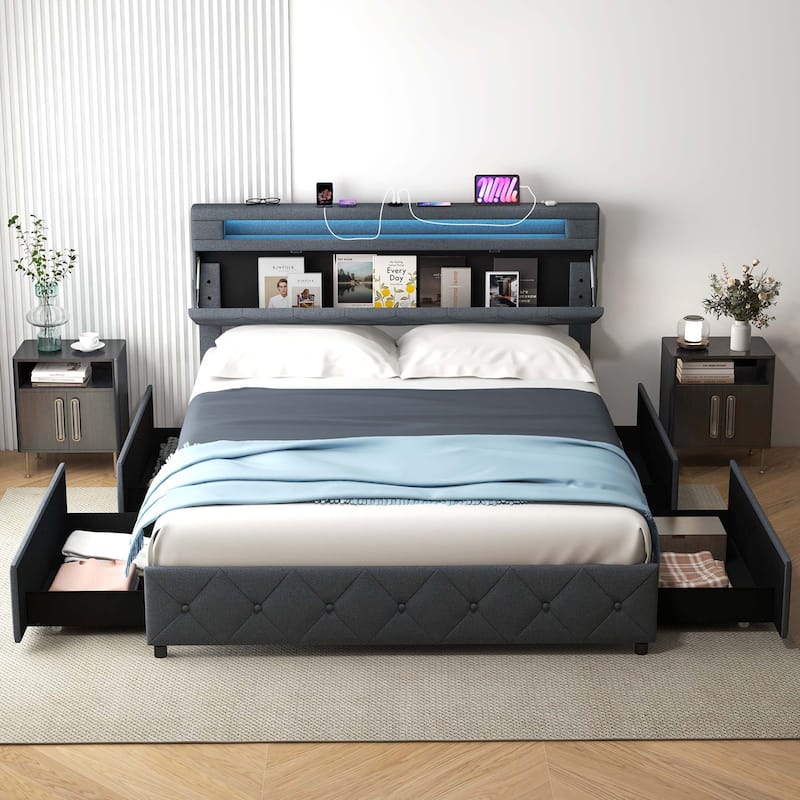 Full/Queen Size Bed Frame Upholstered Platform Bed w/ Charging Station