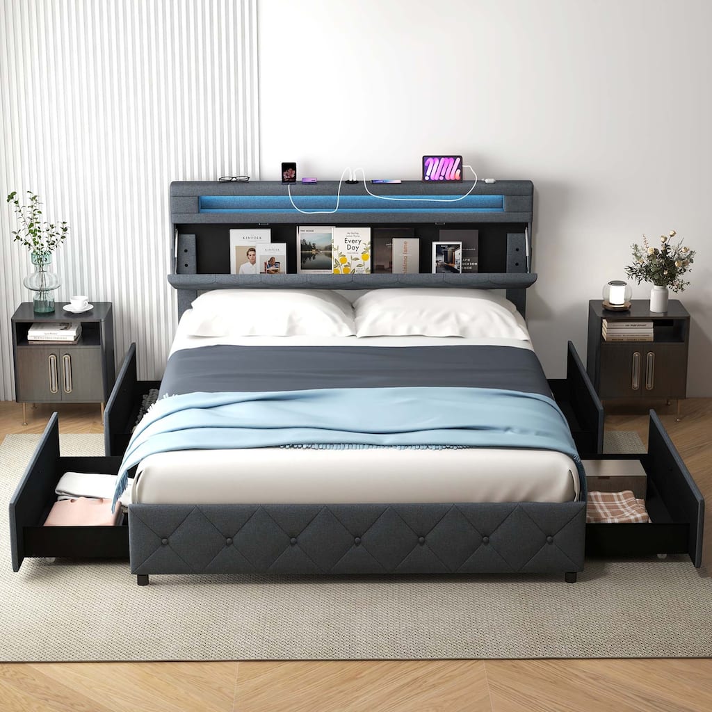 Full/Queen Size Bed Frame Upholstered Platform Bed w/ Charging Station