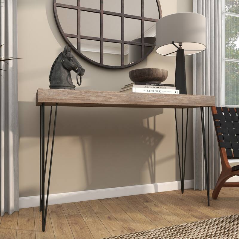 Brown Wood Console Table with Black Metal Hairpin Legs