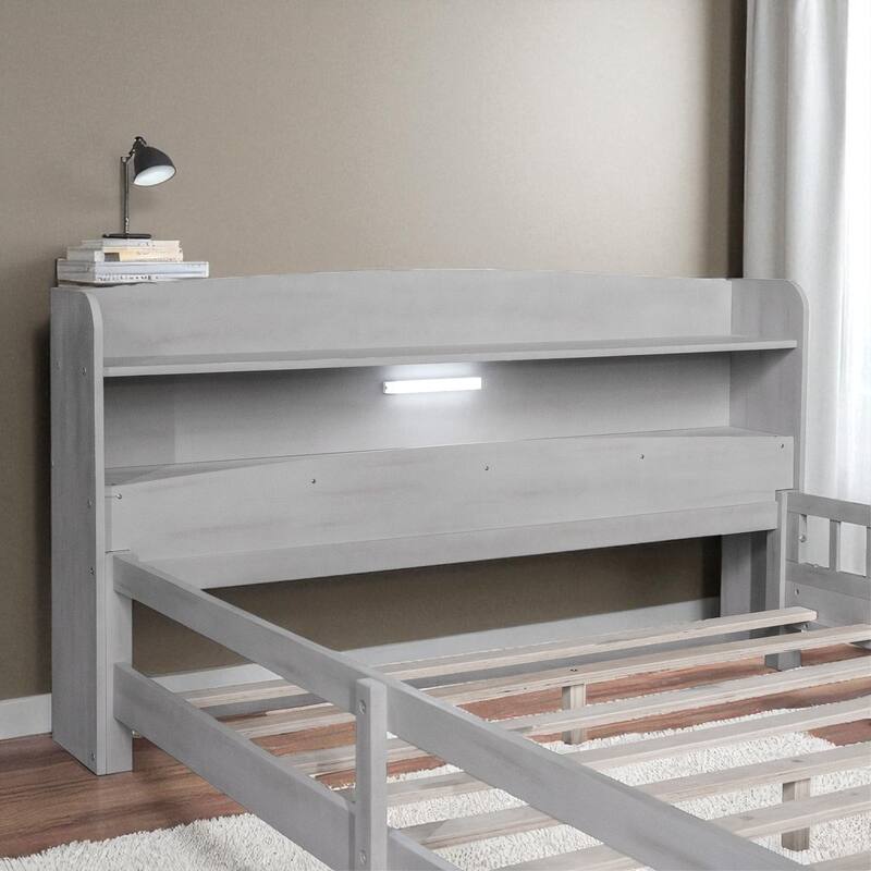 Twin/Full Size Wood Platform Bed with LED Light, Storage Headboard and Guardrail, No Box Spring Needed