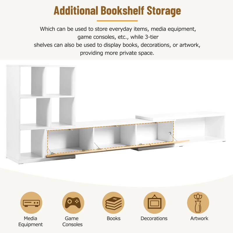 Modern Extended TV Stand with 3-Tier Bookshelves, Storage Cabinets and Sliding Tabletop, for Living Room, White