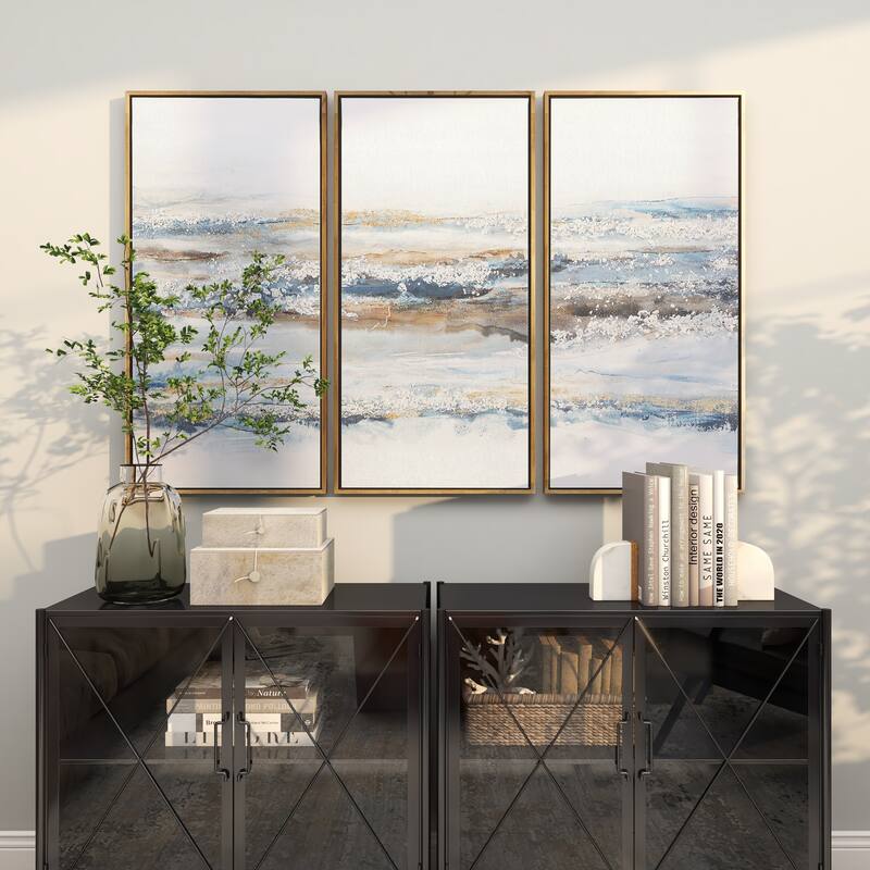 Canvas Landscape Living Room Framed Wall Art with Gold Frame - Set of 3 Blue - Roche River Decor