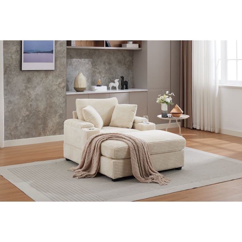 Corduroy Upholstered Chaise Lounge with Movable Ottoman, Living Room Storage Sofa Chair with Cup Holder, Detachable Cushions - Beige