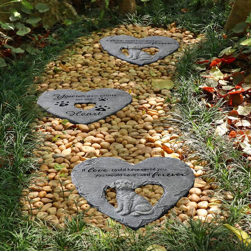 Glitzhome 4-Piece Cement Heart Shaped Paw Prints and Dog Memory Stepping Stones - 10 in