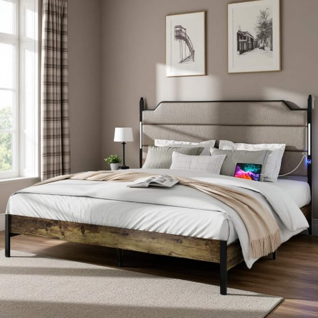 Queen Size Bed Frame with Dark Gray Upholstered Headboard, LED Lights, Charging Station, Wood Slats, No Box Spring Needed