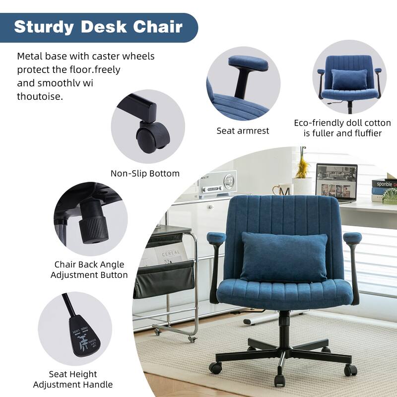 Blue Cross-Legged Office Chair, Vanity Chair with Adjustable Seats and Wheels, for Home Offices and Studies