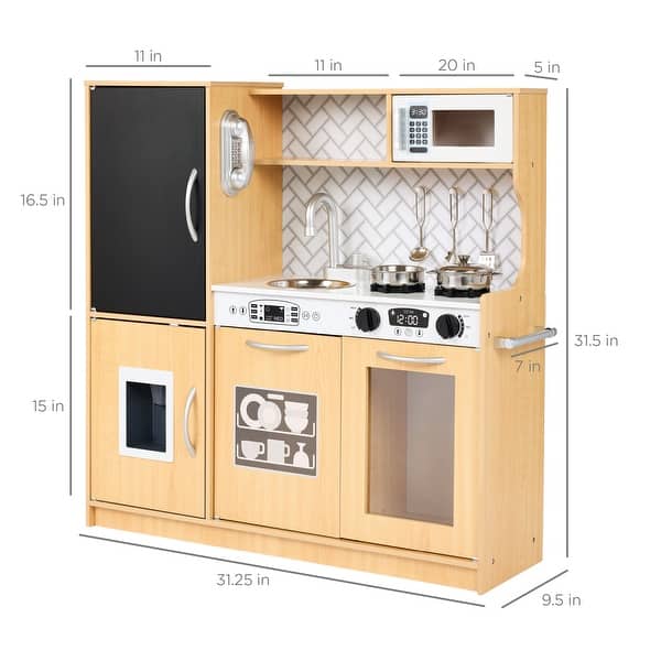 Pretend Play Kitchen Wooden Toy Set for Kids with 11 Accessories - Natural