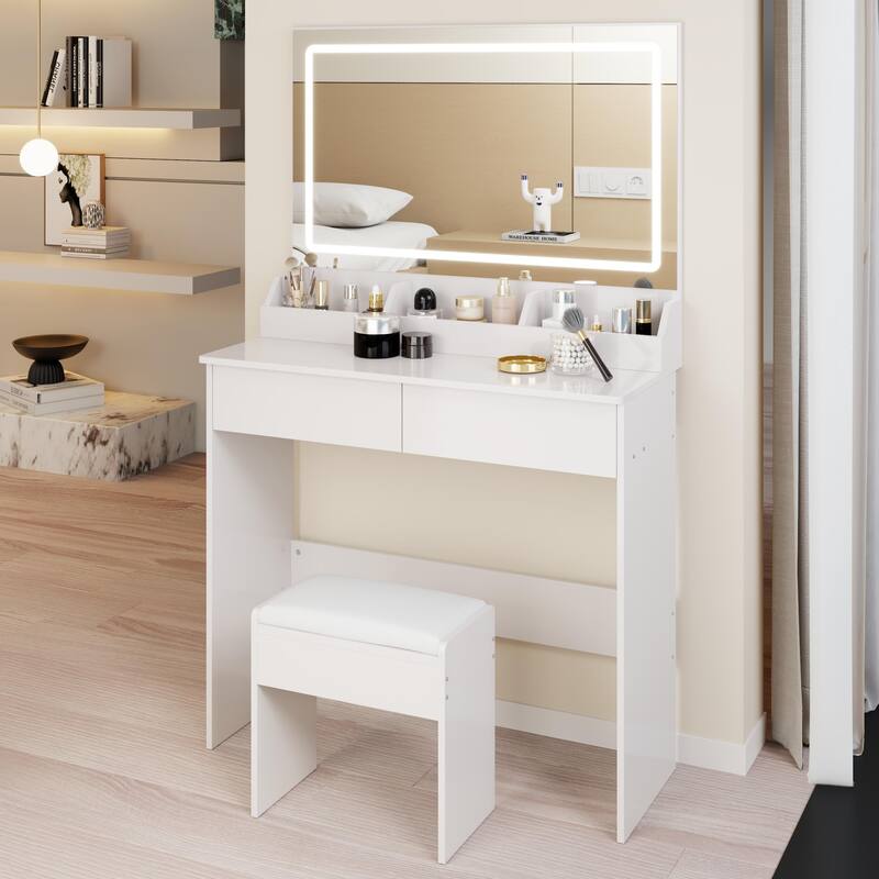 31" x 20" Extra Large LED Mirror Makeup Vanity Table with Stool, Touch Control, Adjustable Brightness & Storage