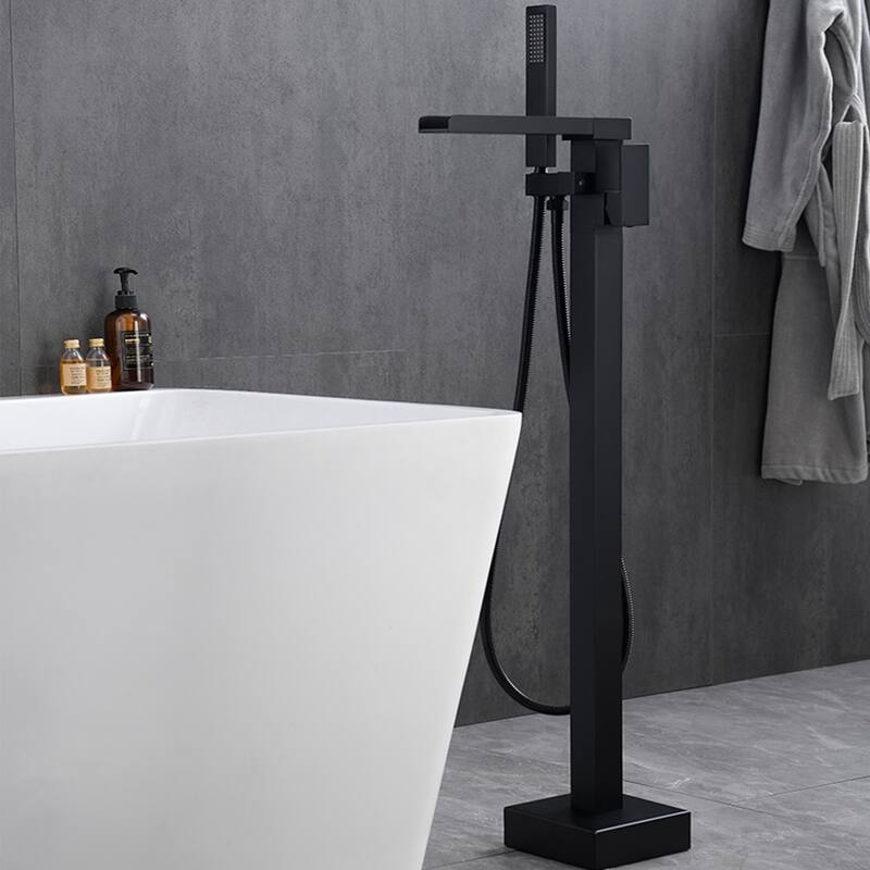 Freestanding Black Bathtub Faucet Tub Filler, Floor Mount Single Handle Bathroom Faucets with Hand Shower