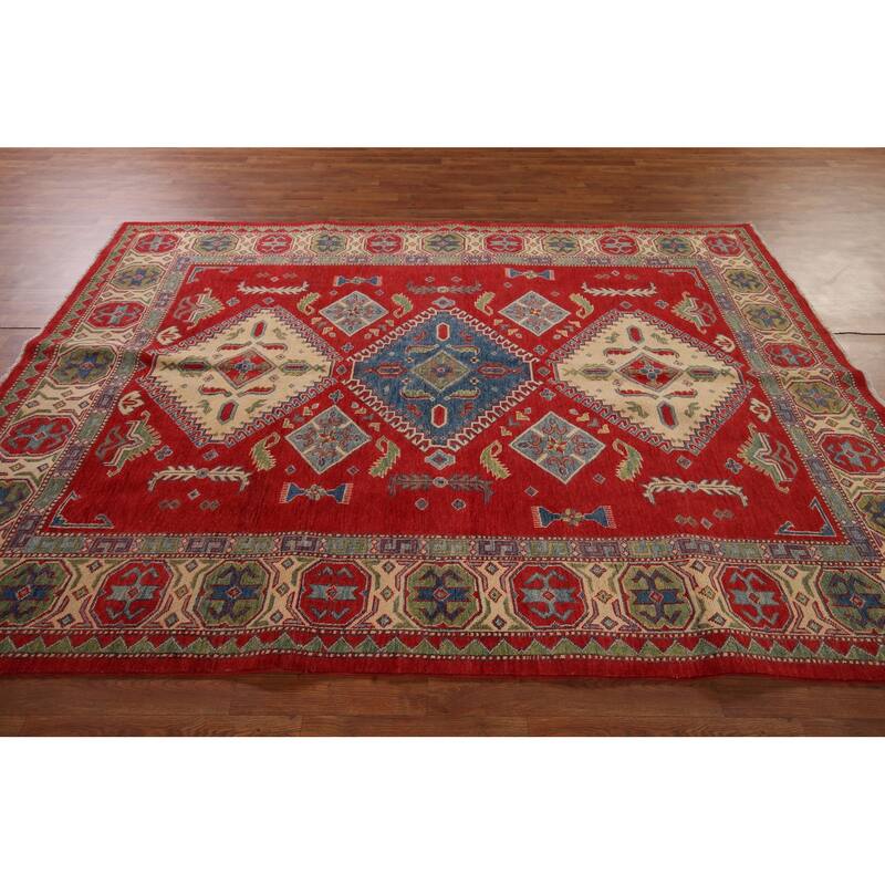 Geometric Kazak Oriental Rug Hand-Knotted Traditional Wool Carpet - 6'7" x 9'0"
