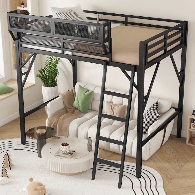 High Loft Bed Frame with Upper Side Storage Shelves, Black Metal Loft Bed with Ladder for Kids Teens - Black - Full