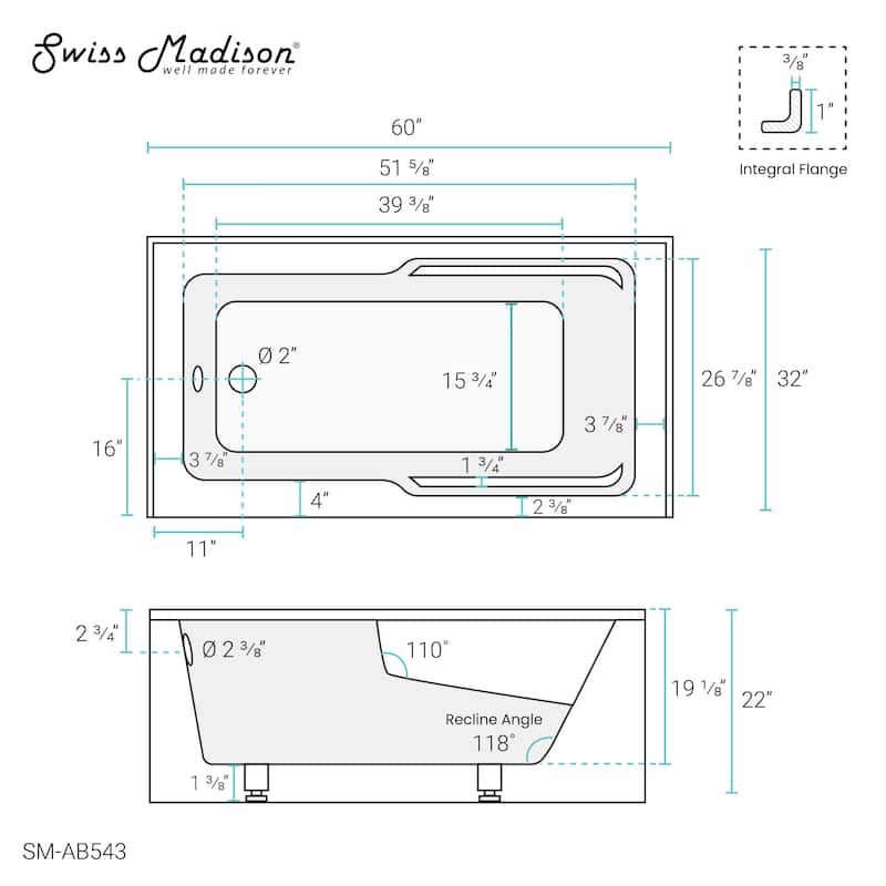 Swiss Madison Voltaire, Acrylic White, Alcove, Integral Armrest, Bathtub with Apron