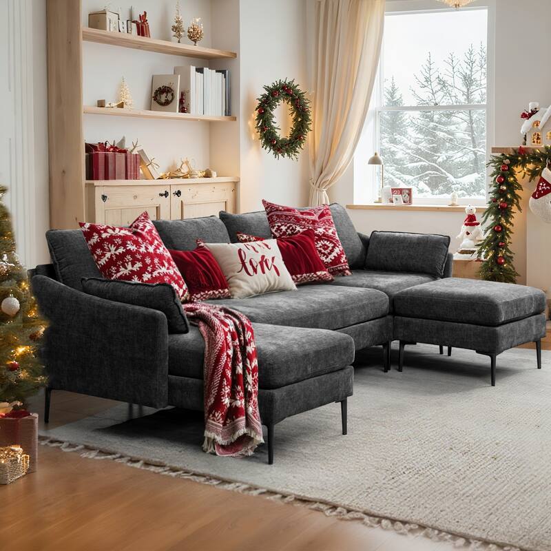Modern Chenille Sectional Sofa with Reversible Chaise and Ottoman, Perfect for Living Rooms with Sleeper Function