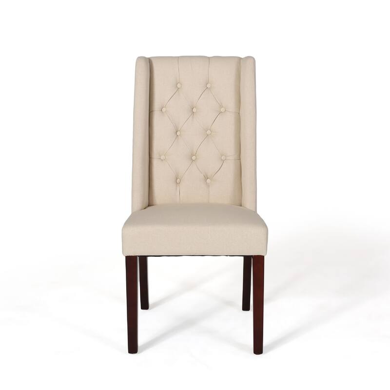 Nathan Dining Chair Set of 2, Dark Brown Wood, Tufted Beige Wingback