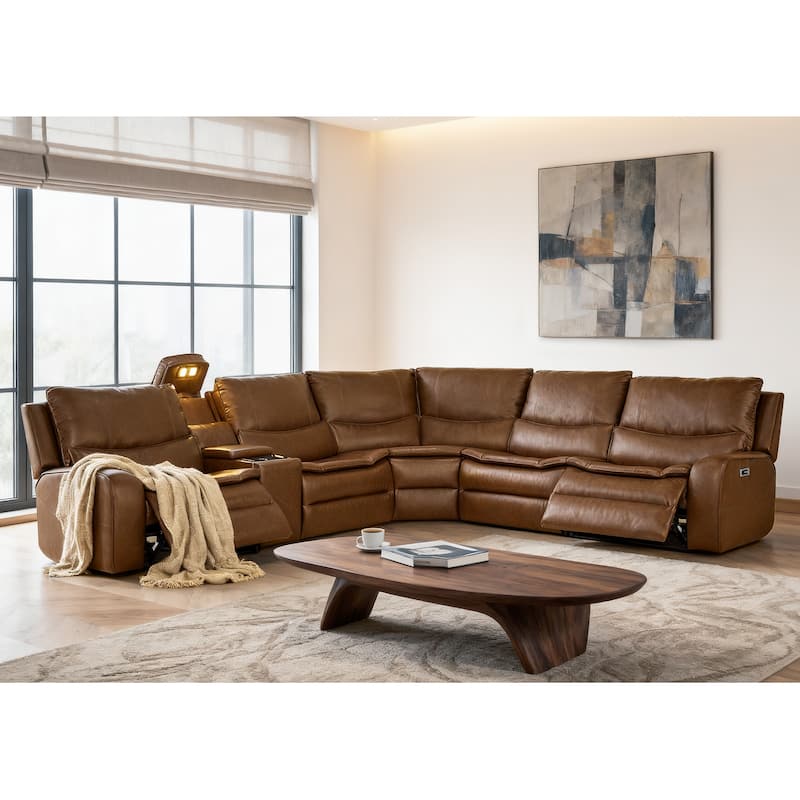 6PCS, 2 Power Recliners, Faux Leather Sectional with Adjustable Headrests, Dodble Width Seat, Wireless Charging and Reading Lamp