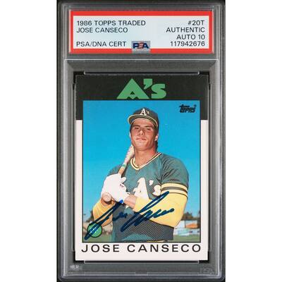 Jose Canseco 1986 Topps Traded Signed Baseball Rookie Card #20T Auto Graded PSA 10 Cert # 117942676 - 8' x 11'