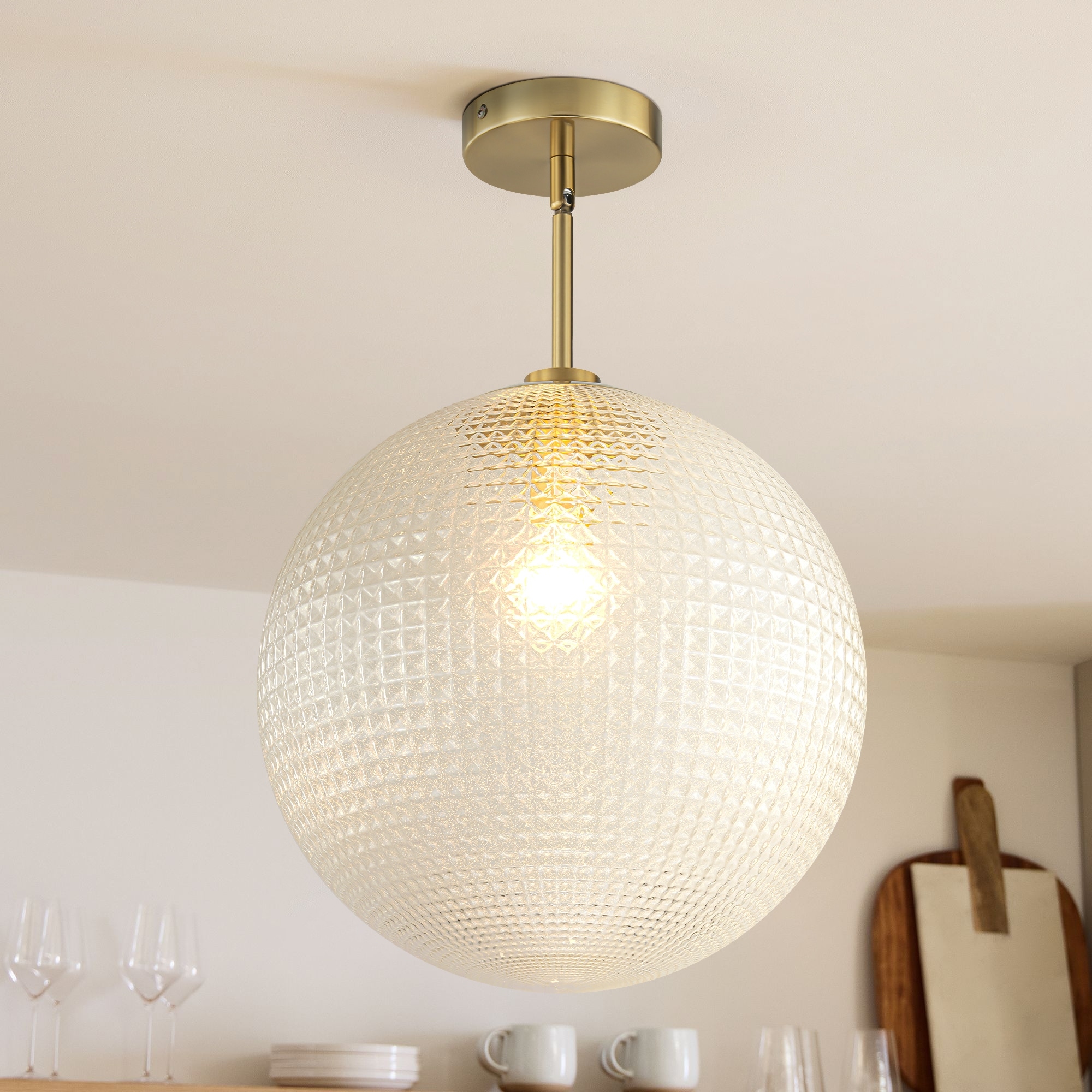 Rennnsan 1-Light Modern Black/Gold Grid Textured Glass Pendant Kitchen Island Lights