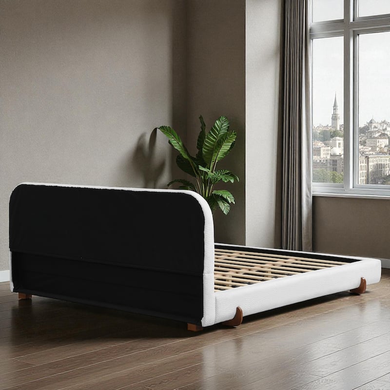 Modern Upholstered Bed Frame with 4-Inch Thick Panels, Fabric Design and Solid Rubberwood Legs, California King/King