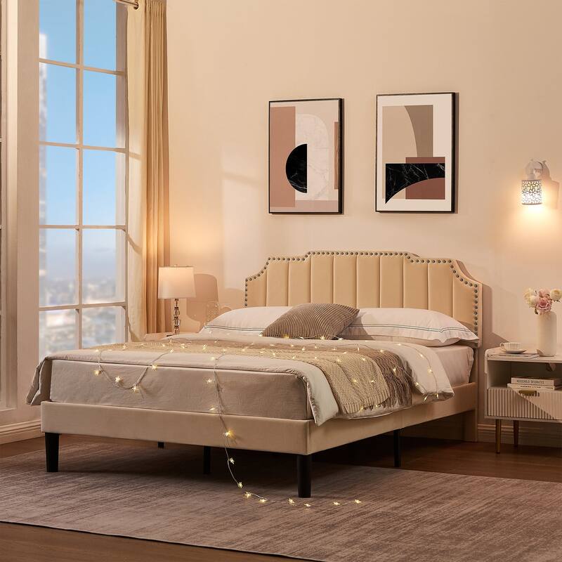 Javlergo Upholstered Platform Bed Frame with Nailhead Trimmed Adjustable Height Headboard, No Box Spring Needed