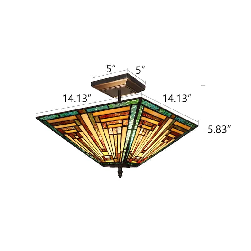 Tiffany-Style 2-Light Mission Semi-Flush Ceiling Fixture 14" Shade