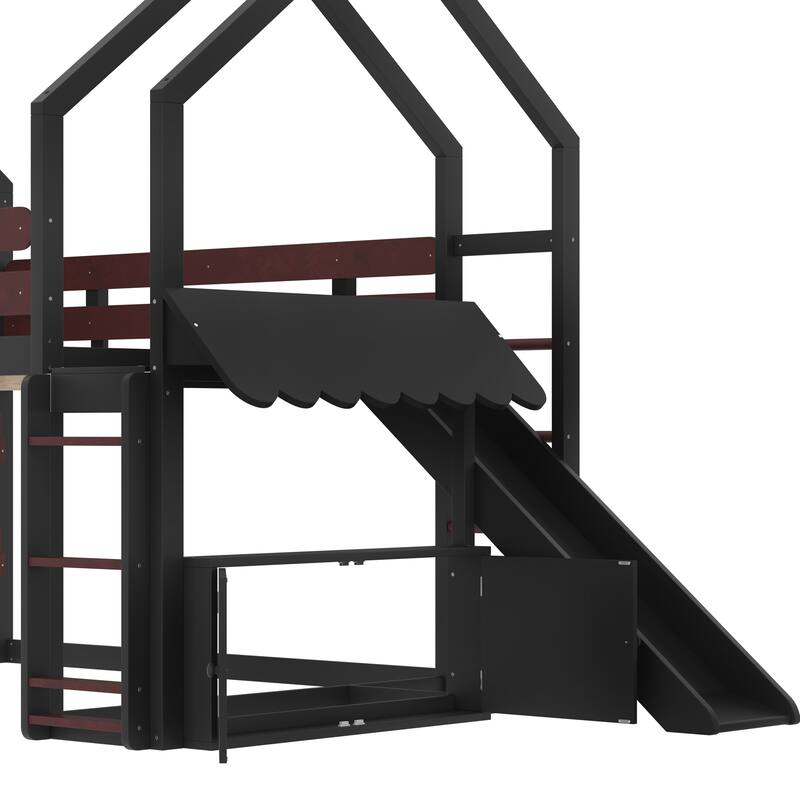 Twin Loft Bed with Slide, Bookshelf & House-Shaped Design for Kids