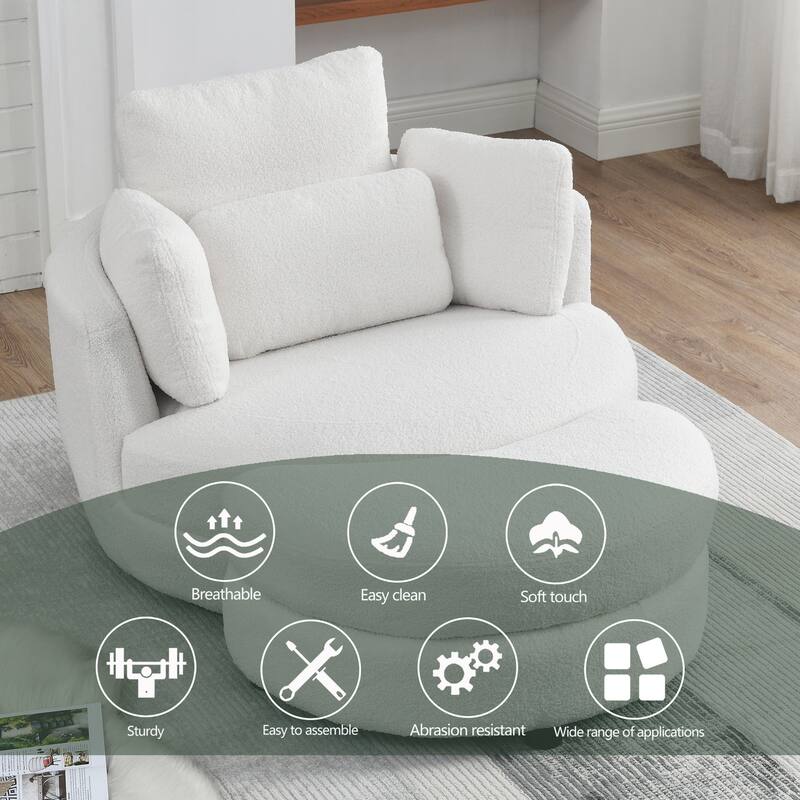 Oversized Teddy Fabric Swivel Barrel Chair with Moon Ottoman & 4 Pillows