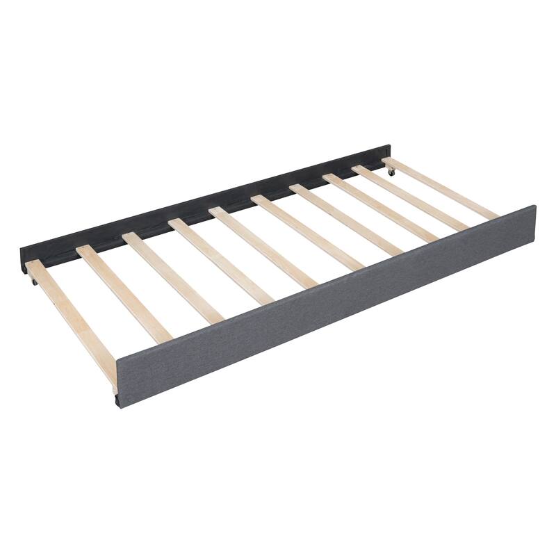 Linen Upholstered Platform Bed Vertical Lines Headboard with Nailhead Trim, Wood Panel Bed Frame 2 Drawers & Trundle Bed