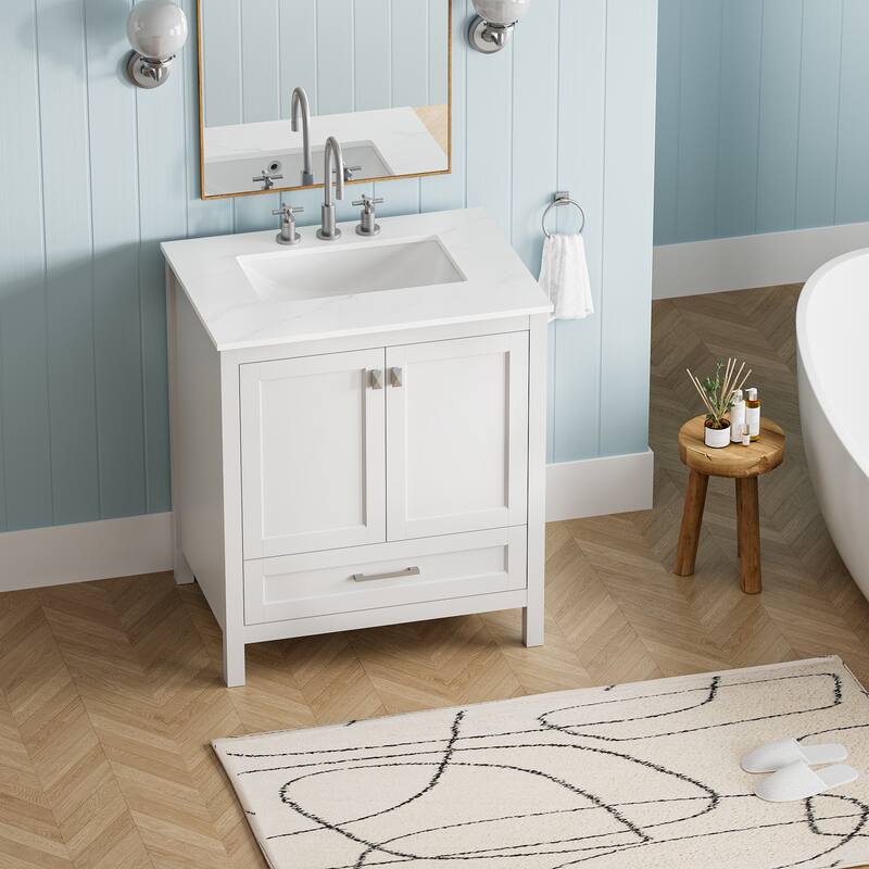 30" Bathroom Vanity with Sink Combo, Fully Assembled Bathroom Sink Cabinet with Marble Countertop, White