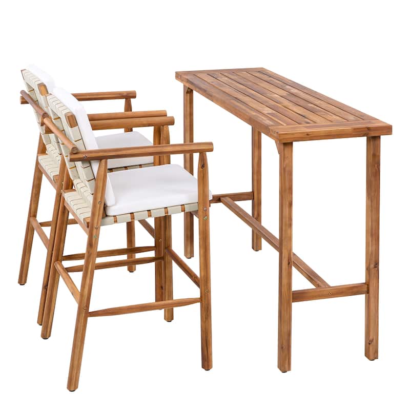 3 Pieces Patio Acacia Wood Bar Height Table and 2 Stools with Cushions