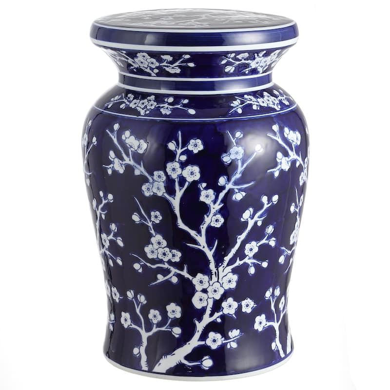 Cherry Blossom 17.7" Ceramic Garden Stool, Navy/White by JONATHAN Y - Navy/White