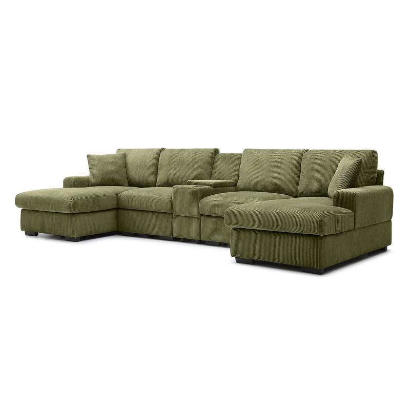 Modern Memory Foam Couch Corduroy U-shaped Sectional Sofa with Storage Console, Cup Holders and USB Ports for Living Room