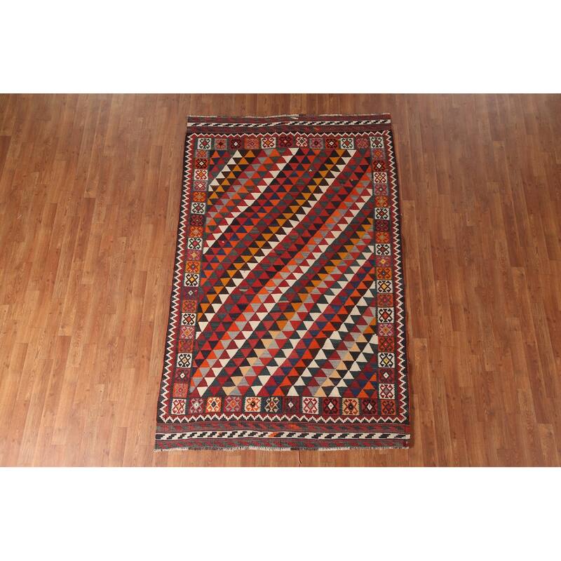 Geometric Kilim Qashqai Persian Vintage Area Rug Flatweave Wool Carpet - 5'0" x 7'10"
