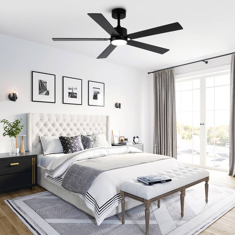 52" Modern Black Wood 5-blade Ceiling Fan with Light and Remote Control