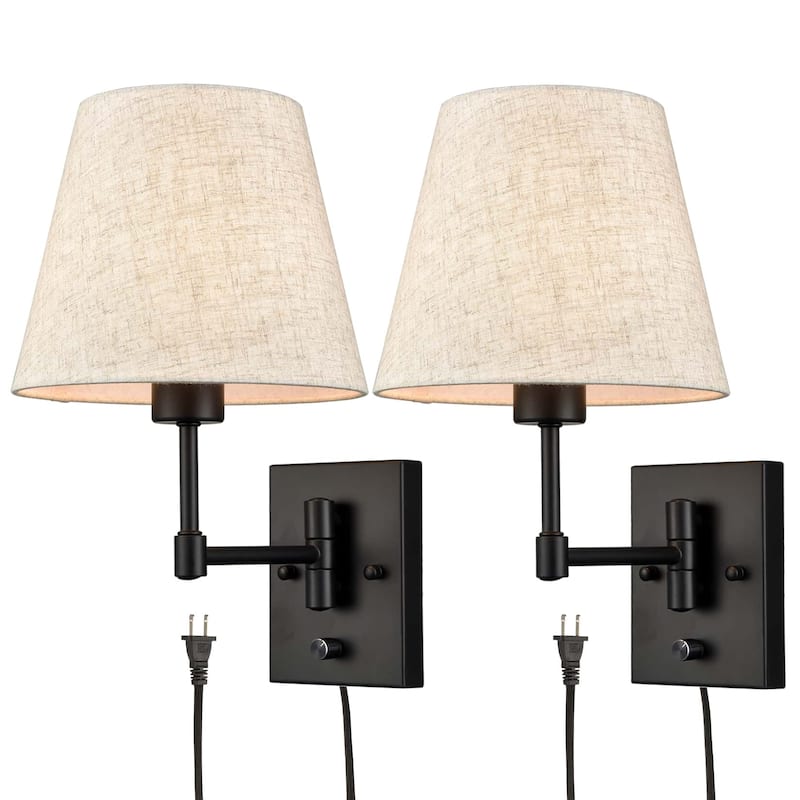 Udine Traditonal 2-Pack Plug in Wall Lights Fabric Shade Swing Arm Wall Lamps - Matte Black