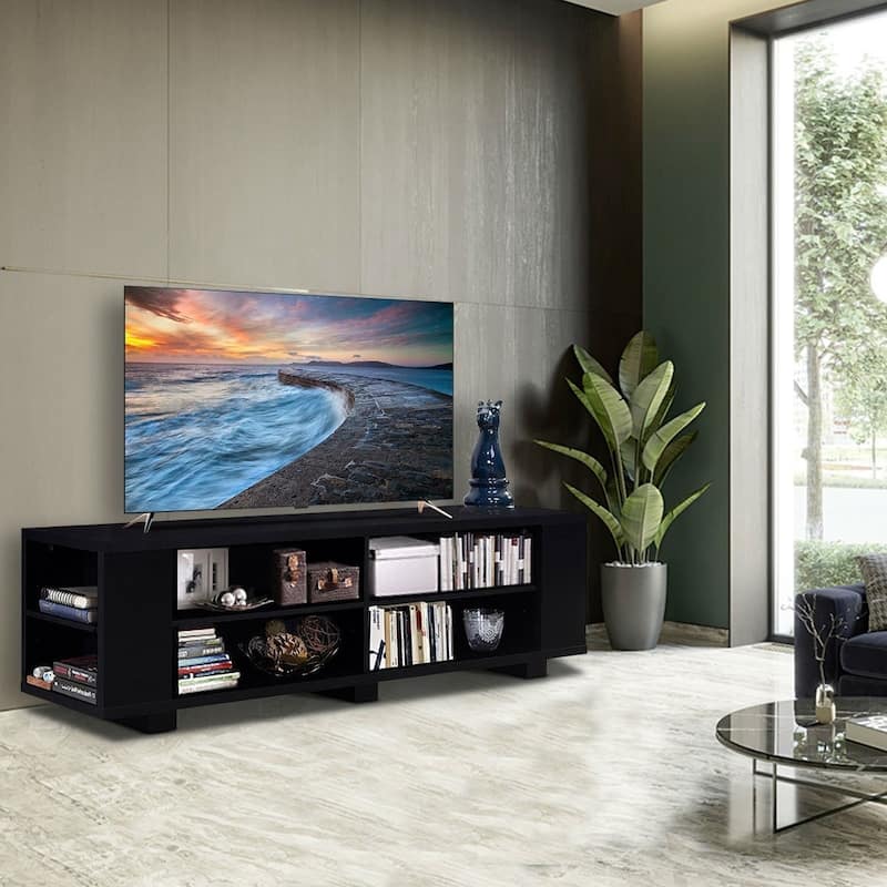 Modern Entertainment Center in Black Wood Finish - Holds up to 60-inch TV - 59" x 15.5" x 17.5" (L x W x H)