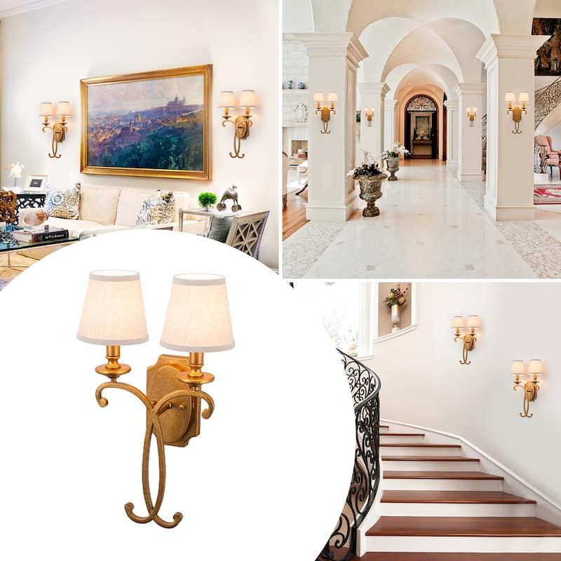 2-Light Antique Gold Metal Wall Sconce Cone Linen Fabric Shades