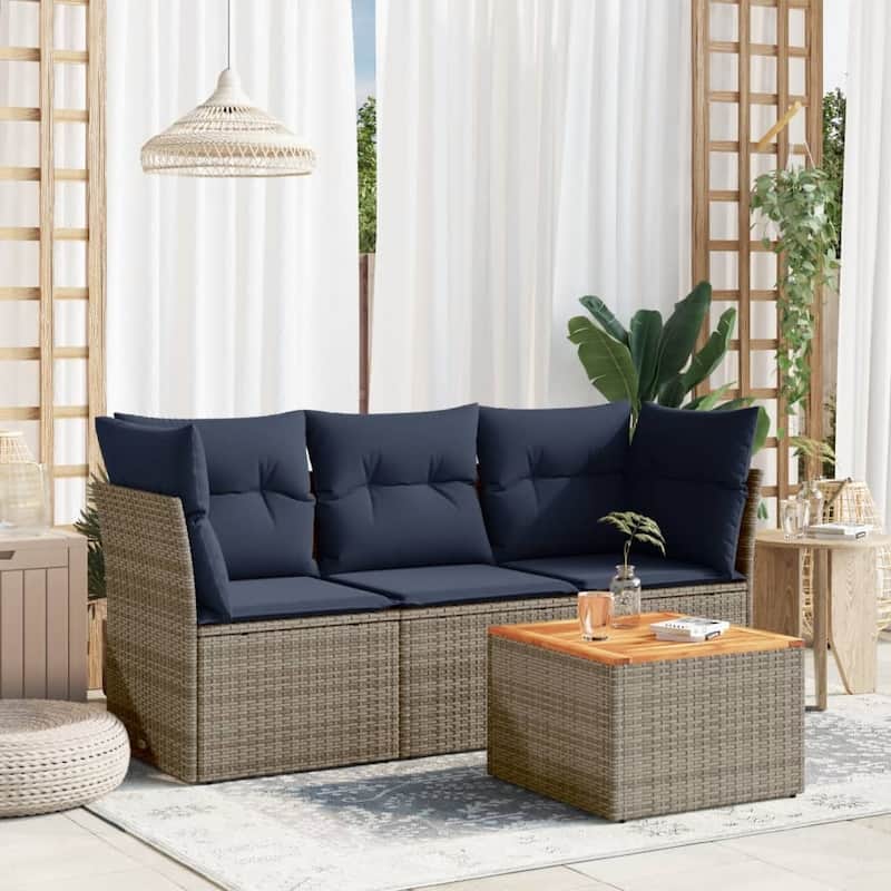 vidaXL 4 Piece Patio Sofa Set with Cushions Gray Poly Rattan - 24.4" x 24.4" x 27.2"
