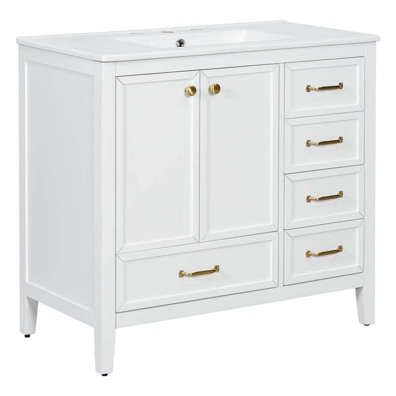 36" Bathroom Vanity with Sink, Bathroom Cabinet with Soft-Closing Door, 4 Drawers of Different Sizes, Solid Wood Frame and Leg