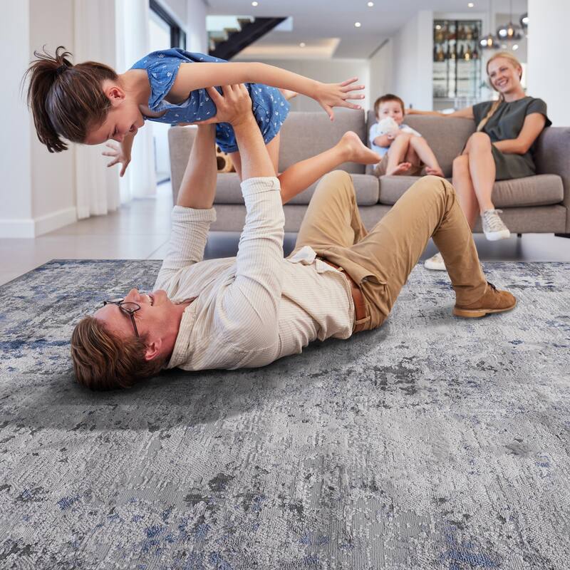 LOOM & LUXE Collection Silver/Blue Abstract Non-Shedding Area Rug