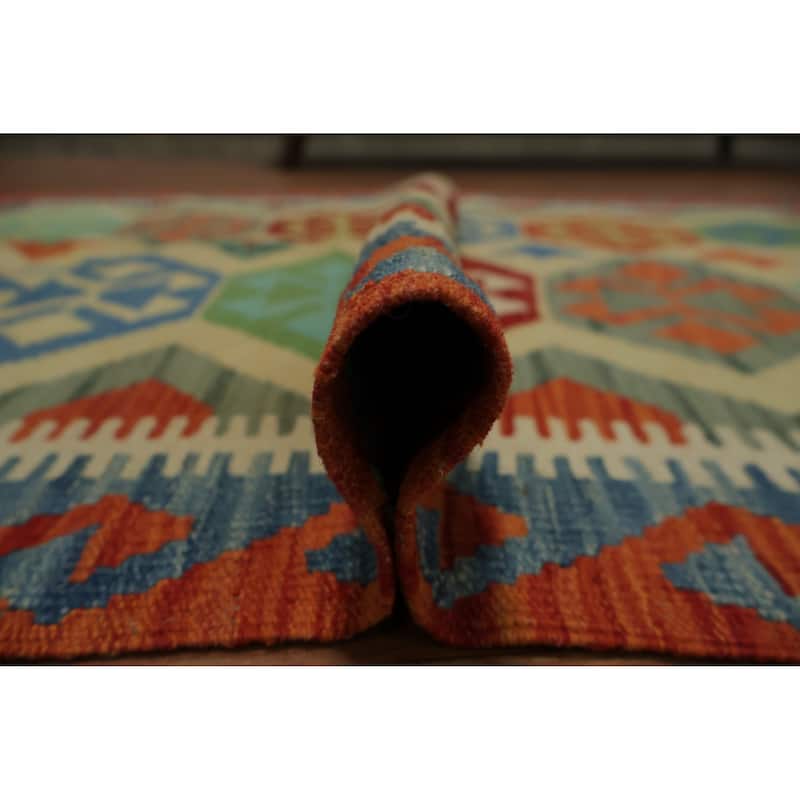 Hand Woven Oriental 100% Wool Carpet Southwestern Tribal Green Kilim Area Rug - 4' 11'' X 3' 4''