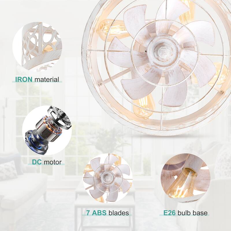 16.5in Vintage Distressed White Flush Mount Caged Ceiling Fan with Remote Light(7-Blade)