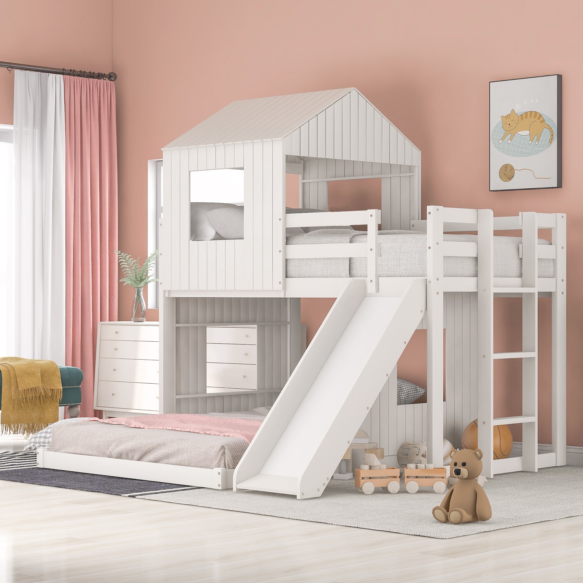 Wooden Twin over Full Bunk Bed Loft Bed with Playhouse and