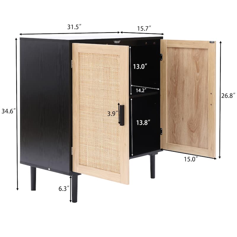 2-Door Rattan Storage Cabinet-Light Oak and Black Wood