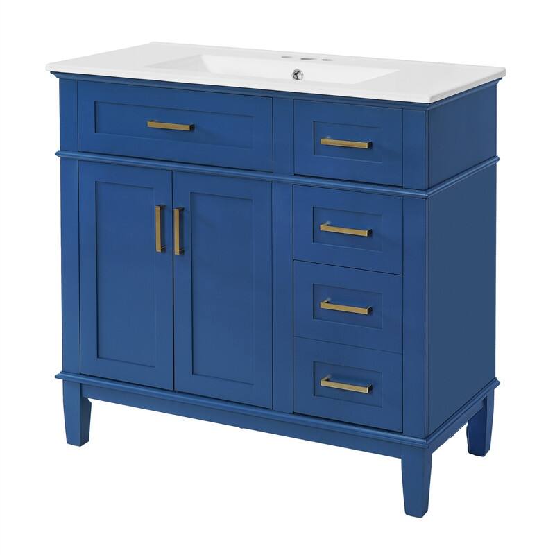 36" Bathroom Vanity with Ceramic Sink, Freestanding Bathroom Vanity Cabinet with 2 Soft Close Doors and 4 Storage Drawers
