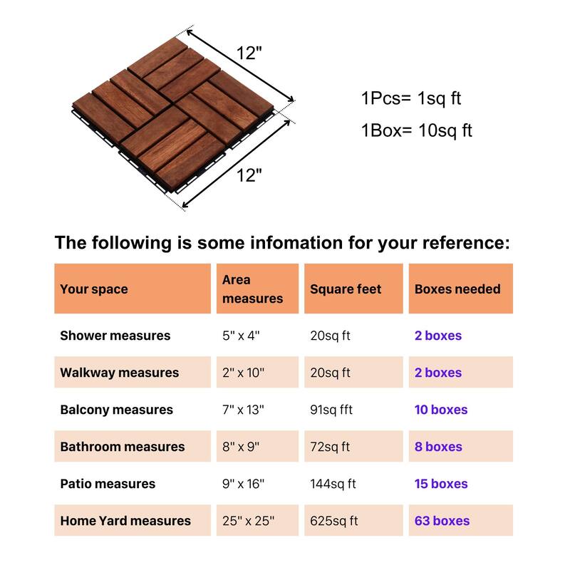 Acacia Wood Interlocking Deck Tiles Checker Pattern, 10PCS 12" x 12" Square Brown Acacia Hardwood Outdoor Flooring for Patio