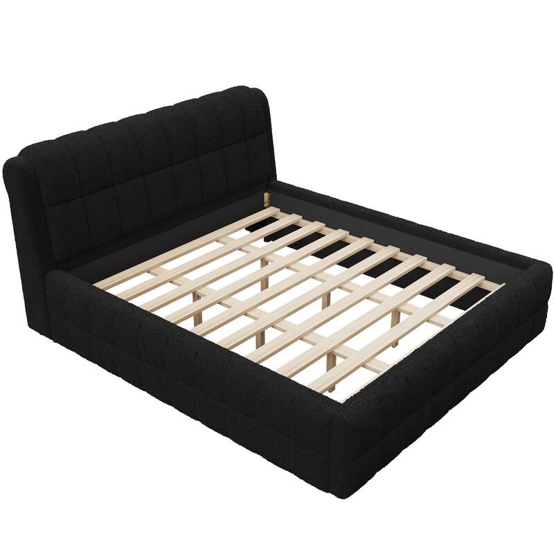 Modern Upholstered Platform Bed Frame Grounded Bed Frame with Striped Headboard/Wood Slats Support/No Box Spring/Easy Assembly
