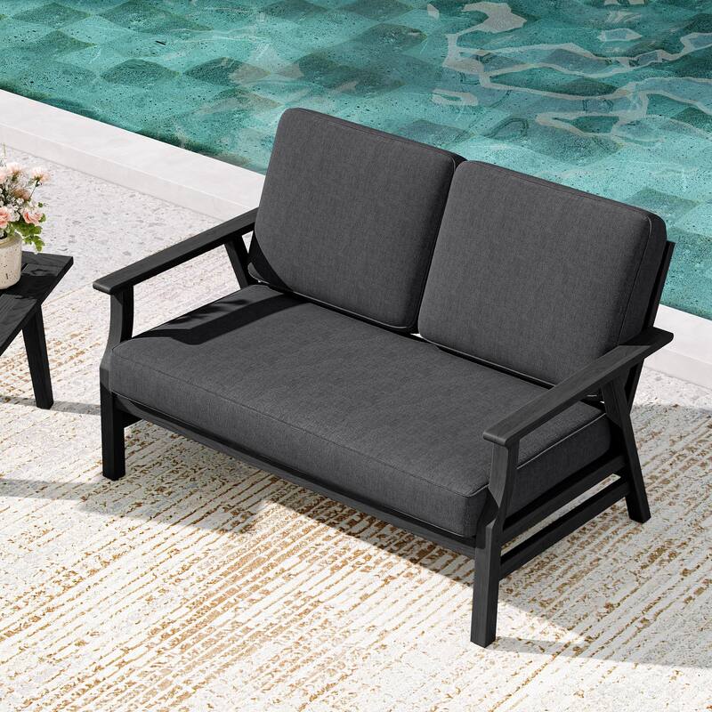 Teak Frame Outdoor Loveseat Daybed with Water-Resistant Cushions. - Dark Grey/Loveseat - Black Wood