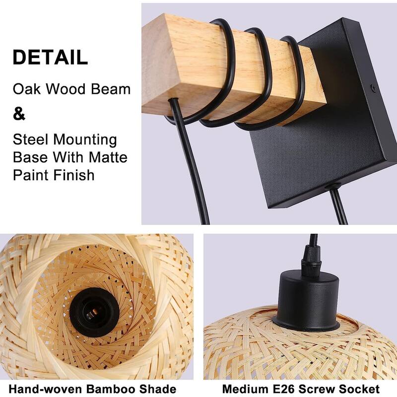 Bamboo Rattan Lantern Lampshade Wood Beam Wall Mounting Hanging Lamp,Industrial Modern Wire Plug in Wall Sconce for Bedroom
