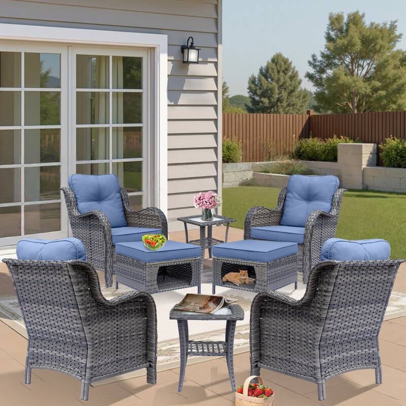 Outdoor Patio Furniture-Gray Wicker Armchair with Storage Ottoman Sets